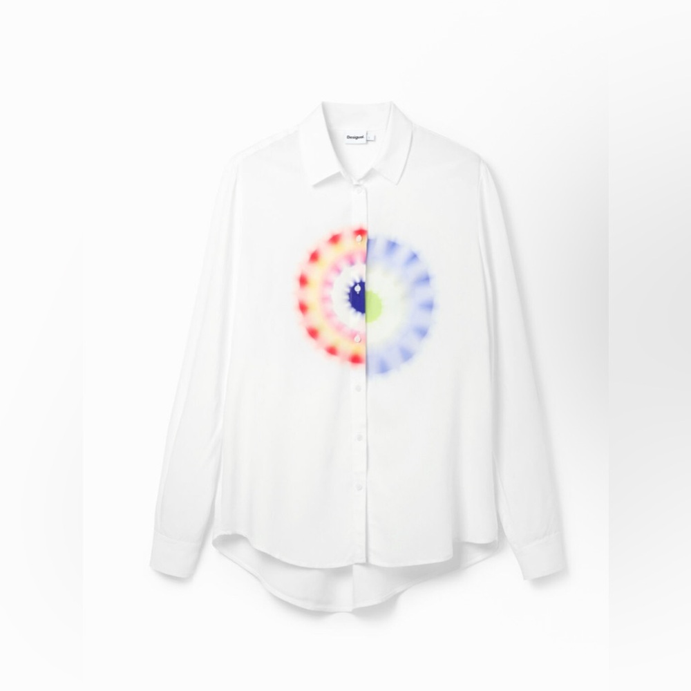 Desigual White Button-Up Shirt with Colorful Design Small - Picture 4 of 9